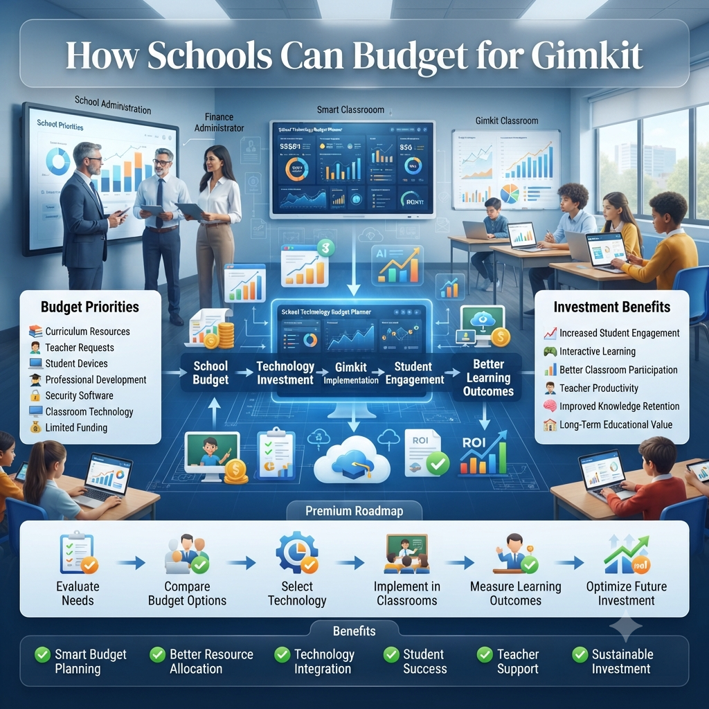 Premium square infographic showing how schools can budget for Gimkit using education funding, technology planning, classroom investment, and student engagement strategies.How Schools Can Budget for Gimkit: Smart Education Investment Guide