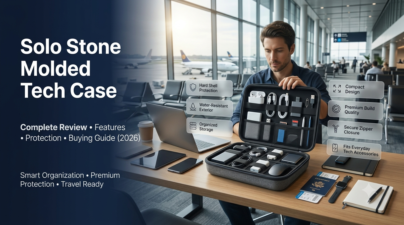 Professional traveler organizing electronic accessories inside a premium molded hard-shell tech case at an airport workspace.solo stone molded tech case