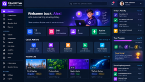 Questrivo dashboard overview showing learning kits, classes, quick actions, progress and assignments