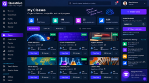 Questrivo Classes dashboard for managing learners, assignments and classroom progress