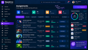 Questrivo Assignments interface for creating assignments and tracking student learning progress
