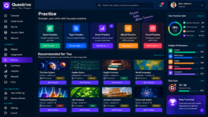 Questrivo Practice interface showing learning modes, recommended kits, practice statistics and subject performance