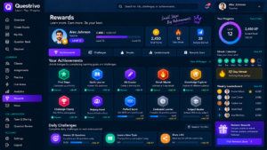 Questrivo Rewards interface showing XP, levels, achievements, learning streaks, challenges and progress
