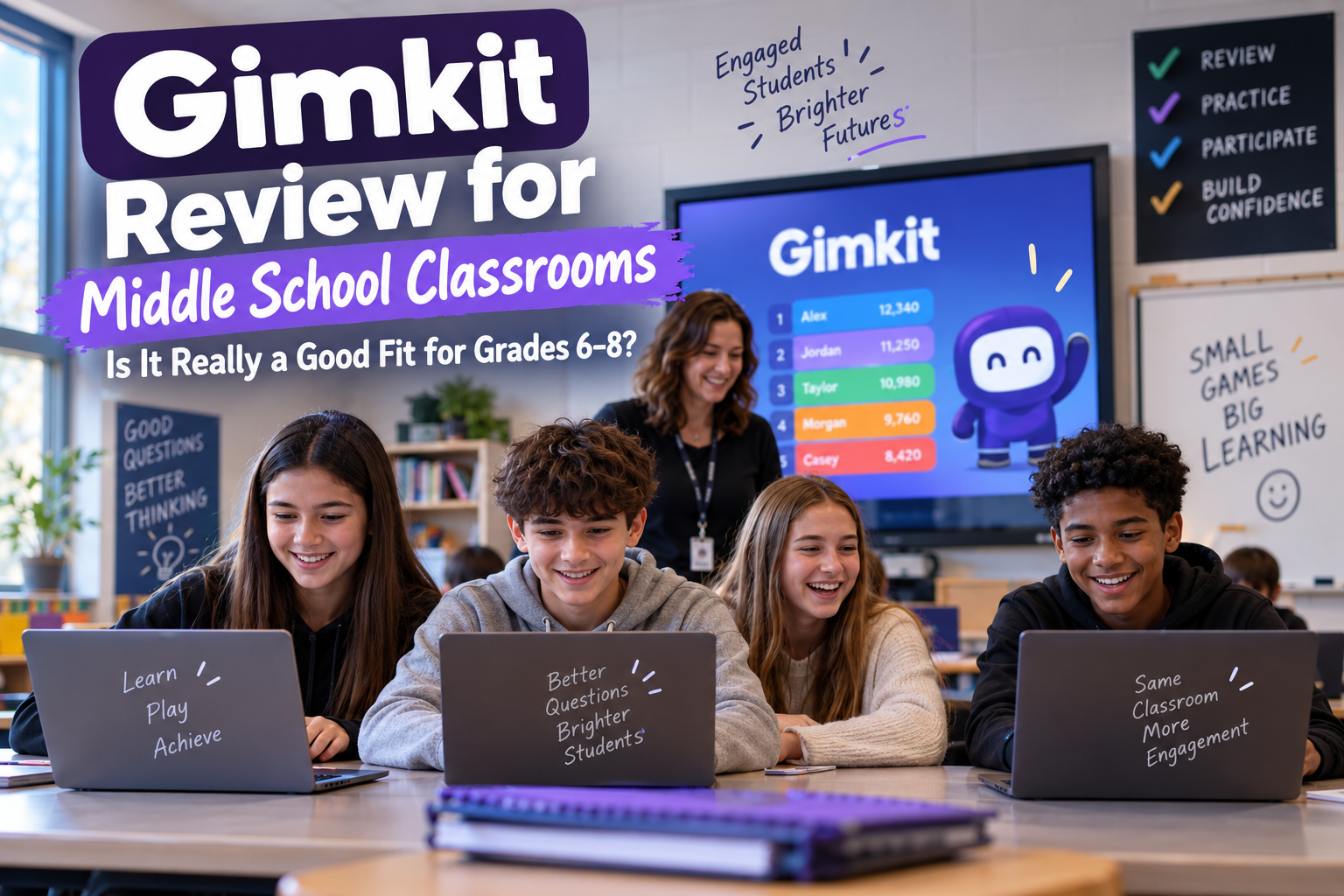 Middle school students participating in an interactive classroom review activity using laptops while a teacher guides the lesson.Gimkit Review for Middle School Classrooms