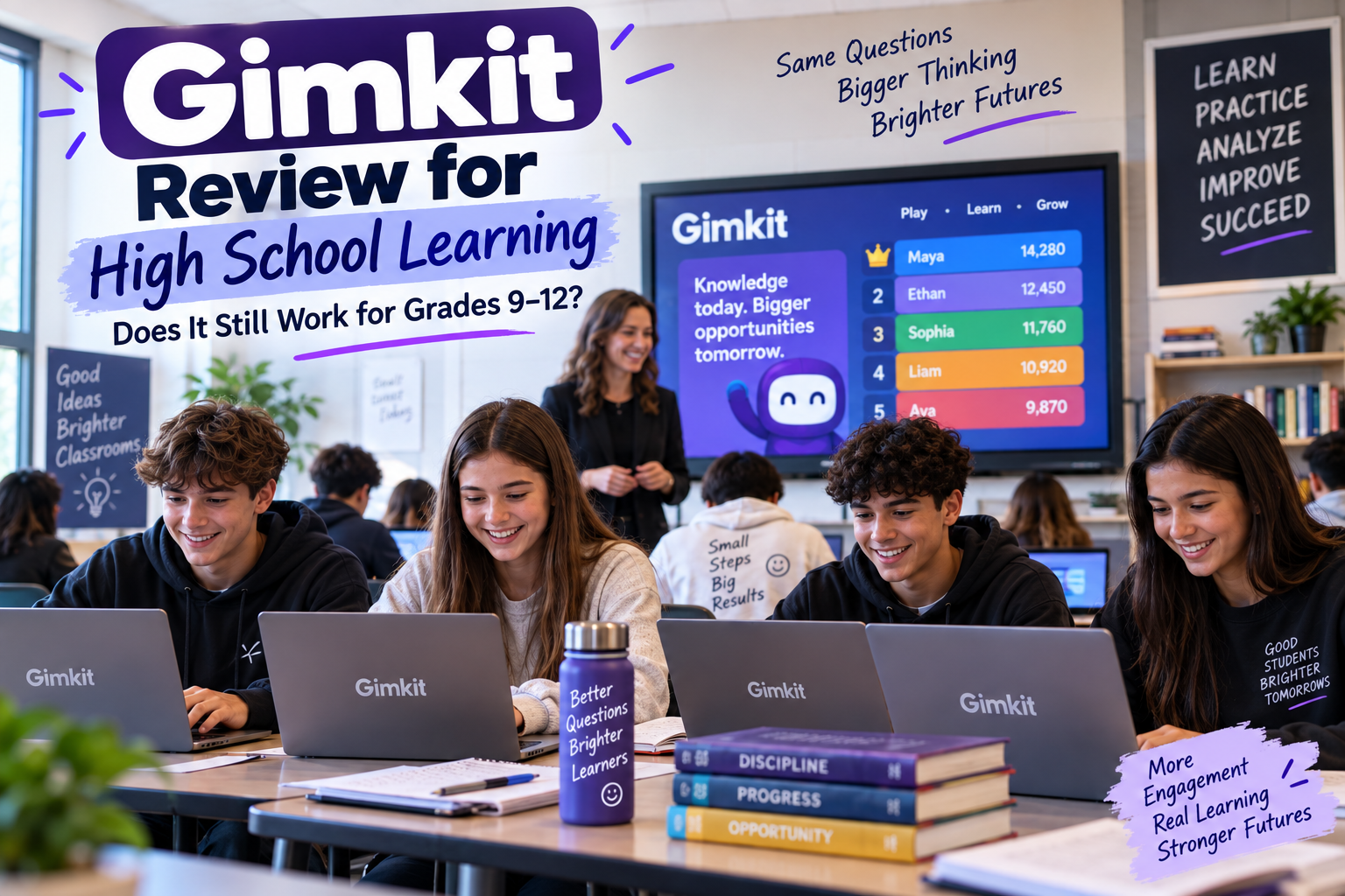 High school students using laptops during an interactive academic review session in a modern classroom.Gimkit Review for High School Learning: Does It Still Work for Grades 9–12?
