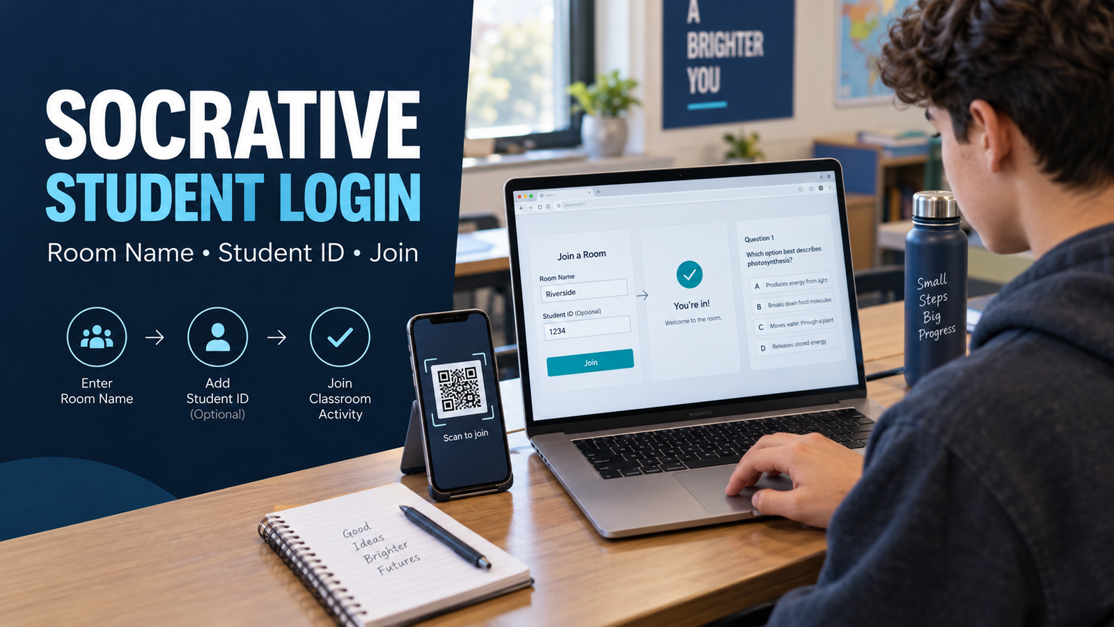 Student entering a Socrative room name and Student ID on a laptop.Socrative Student Login and Room Access
