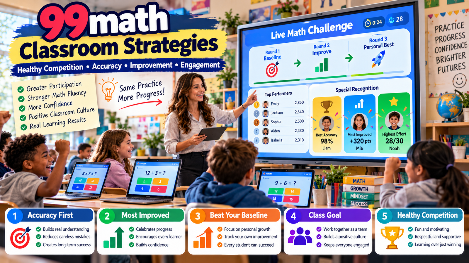 99math classroom strategies with a teacher leading a live math challenge focused on accuracy, improvement, personal bests and healthy competition.99math Classroom Strategies – Competition and Engagement