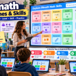 99math math games and skills guide showing addition, multiplication, fractions, decimals, equations, geometry and skill-based math practice.99math Math Games – Skills Topics and Practice Guide