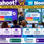Kahoot vs Blooket: Which Platform Makes Whole-Class Questions Easier to Follow? Kahoot vs Blooket comparison showing whole-class shared questions, student-device visibility, synced prompting, accessibility and self-paced modes.Kahoot vs Blooket – Whole-Class Question Visibility