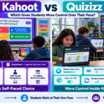 Kahoot vs Quizizz Wayground comparison showing student-paced learning, live independent progress, homework, timers, skip and review controls.Kahoot vs Quizizz – Student Pacing and Self-Paced Learning