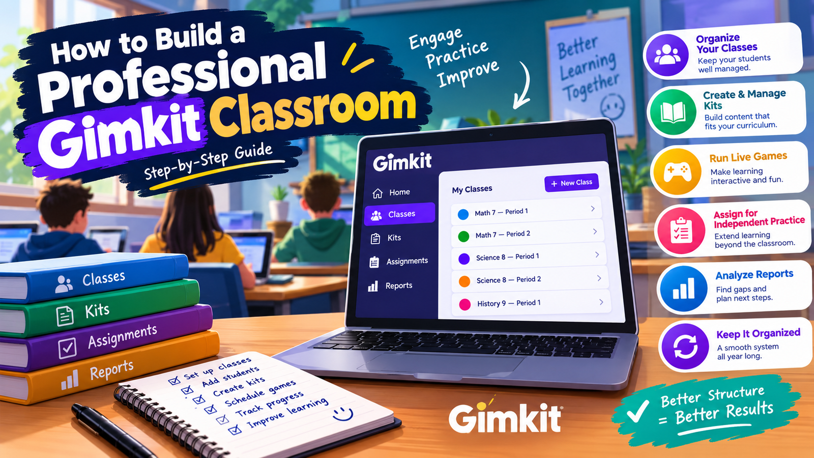 Professional Gimkit classroom setup with classes, Kits, assignments, live games, and reports.How to Build a Professional Gimkit Classroom