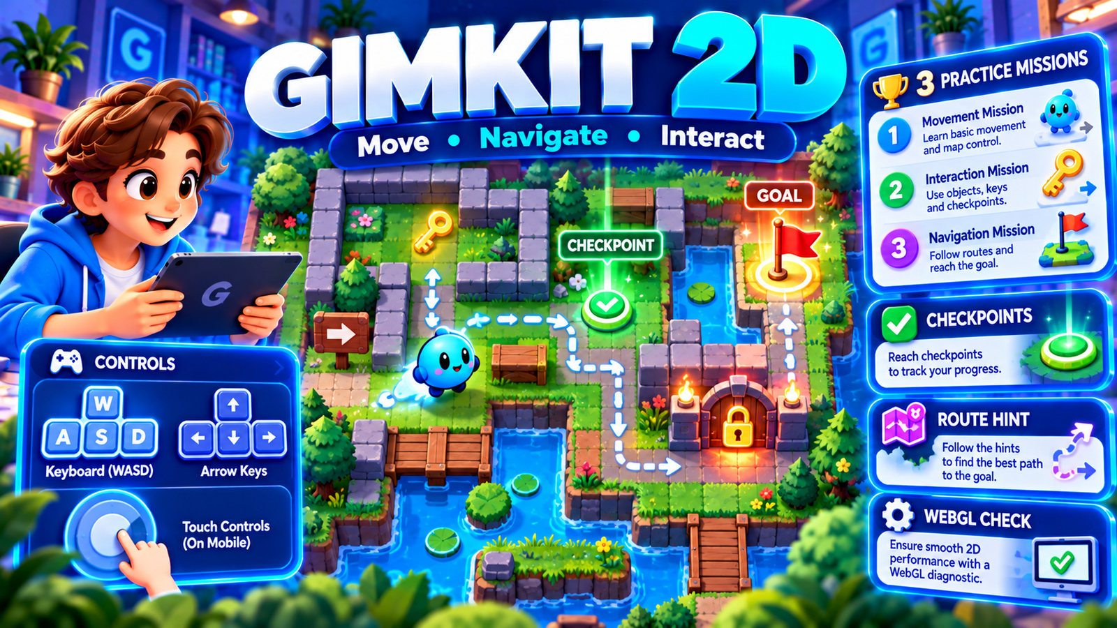 Gimkit 2D illustration showing character movement, WASD controls, map navigation, obstacles, checkpoints, locked gates and practice missions.