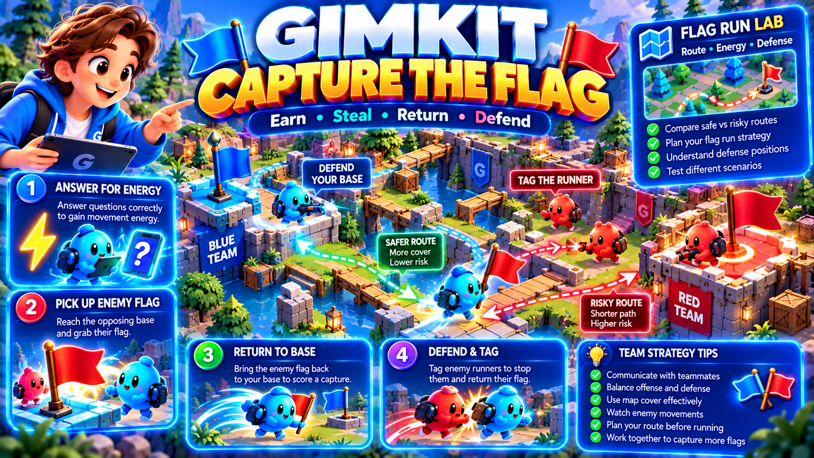 Gimkit Capture the Flag illustration showing blue and red teams, enemy flag capture, energy, tagging, safe routes and base defense strategies.