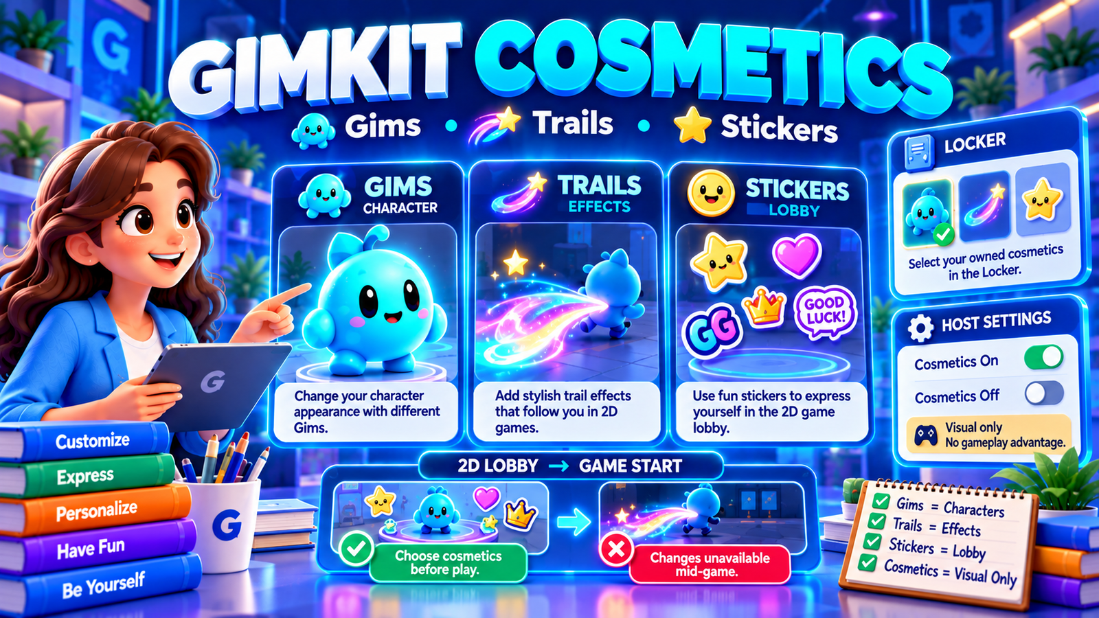 Gimkit Cosmetics illustration showing Gims, Trails, Stickers, Locker selection, 2D lobby customization and host cosmetic settings.