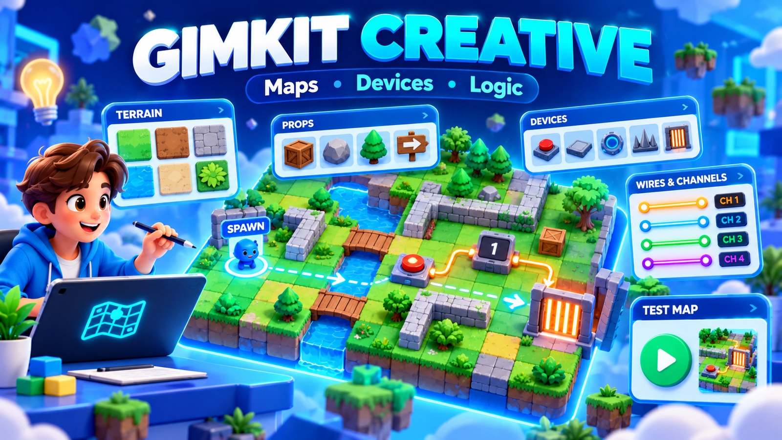 Gimkit Creative map-building illustration showing terrain tiles, props, interactive devices, connected wires and channels, and custom map testing.