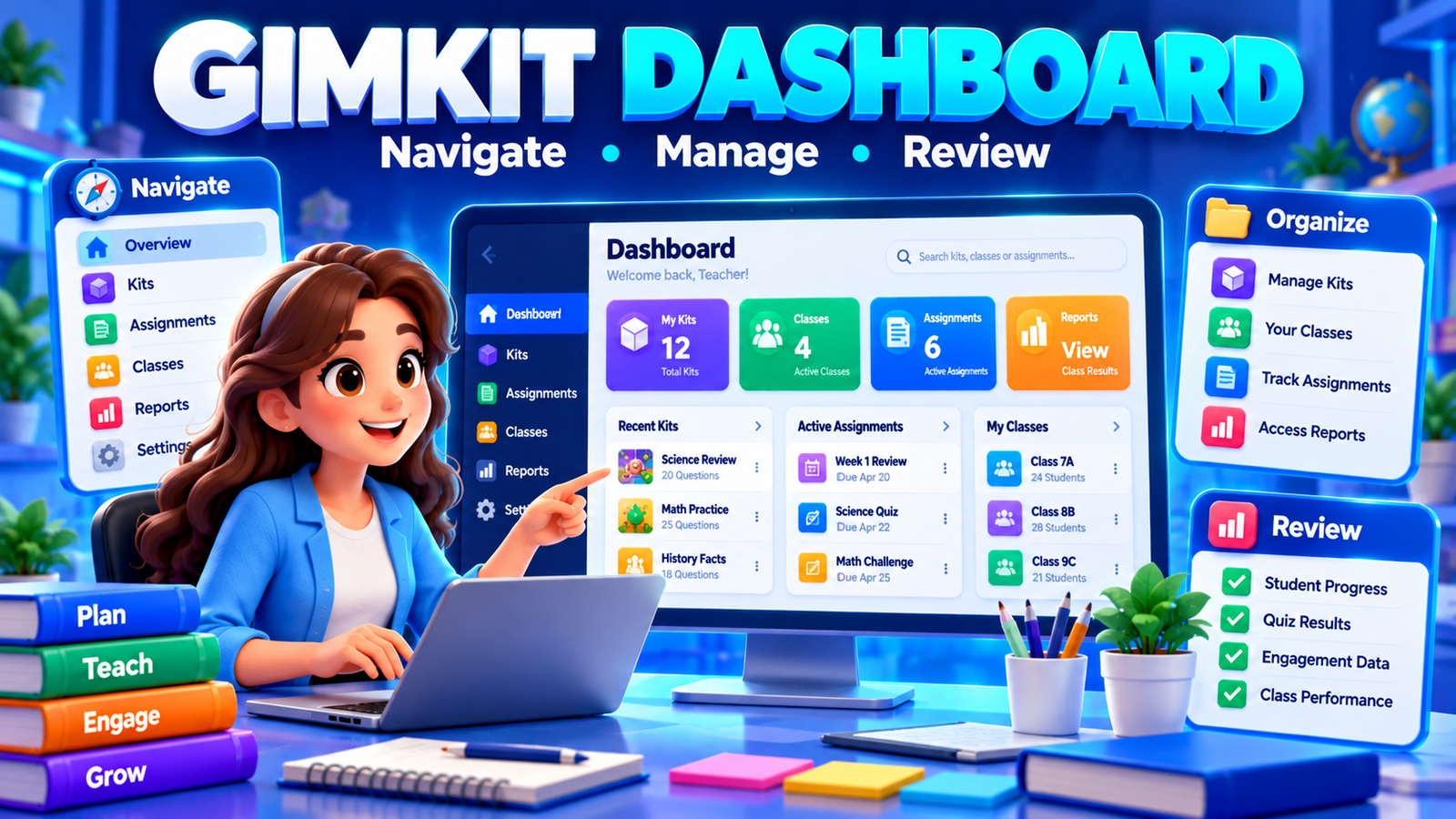 Gimkit Dashboard educational illustration showing a teacher workspace with Kits, Assignments, Classes, Reports and navigation tools.
