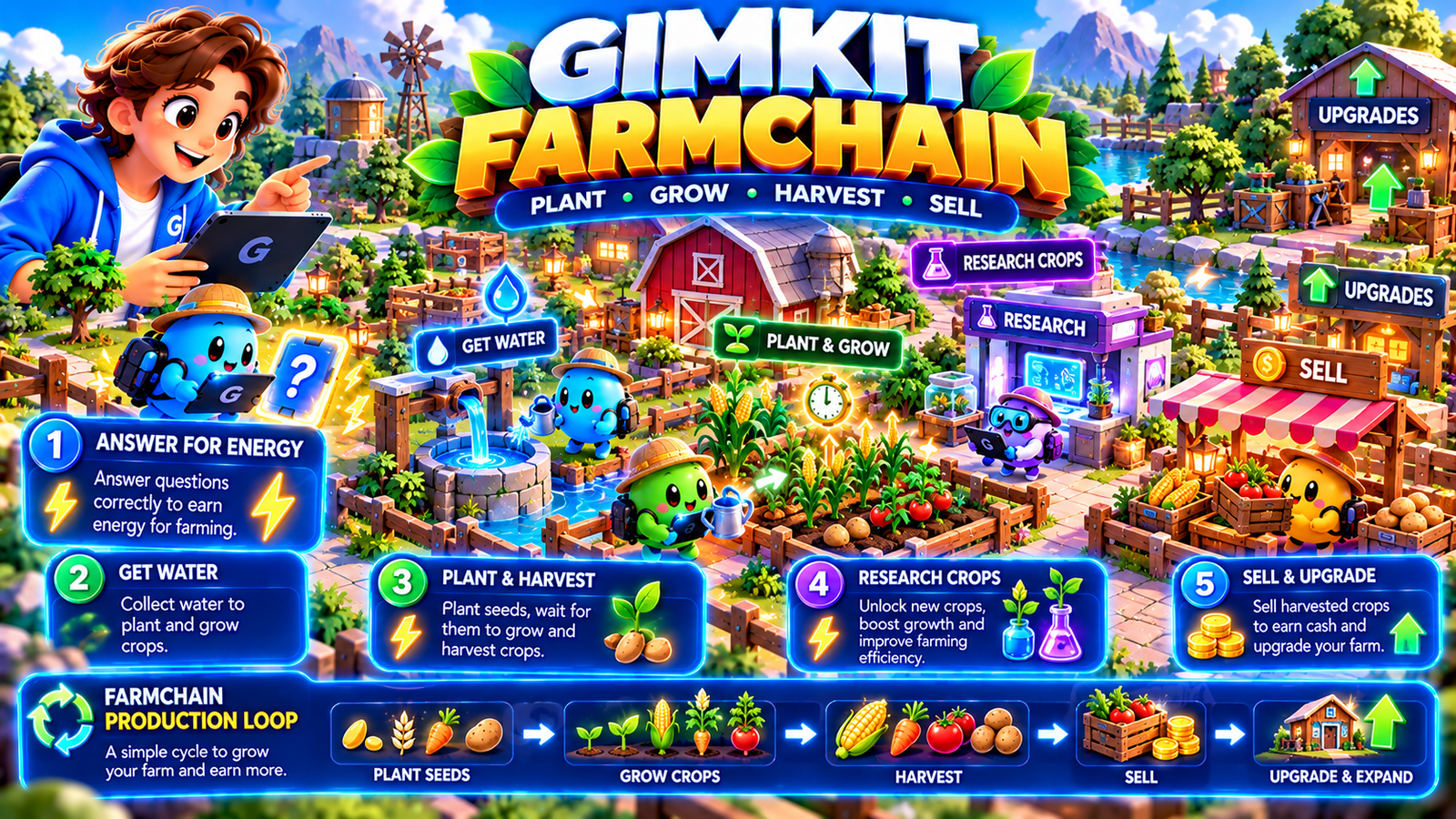 Gimkit Farmchain illustration showing crop farming, seeds, water collection, research, harvesting, selling produce and farm upgrades.