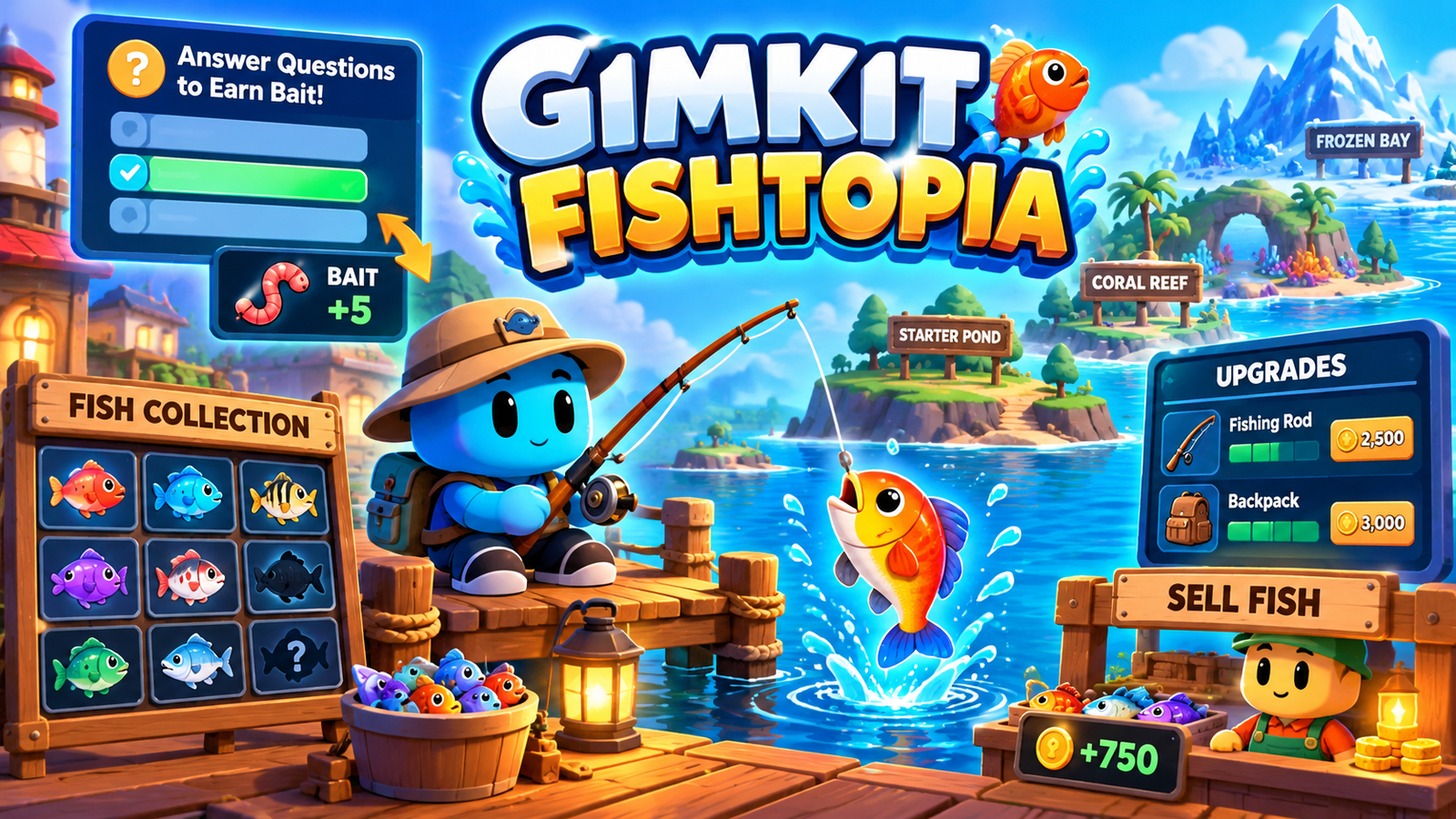 Gimkit Fishtopia illustration showing fishing, question-earned bait, different fish species, fishing areas, rod and backpack upgrades, and selling fish for cash.