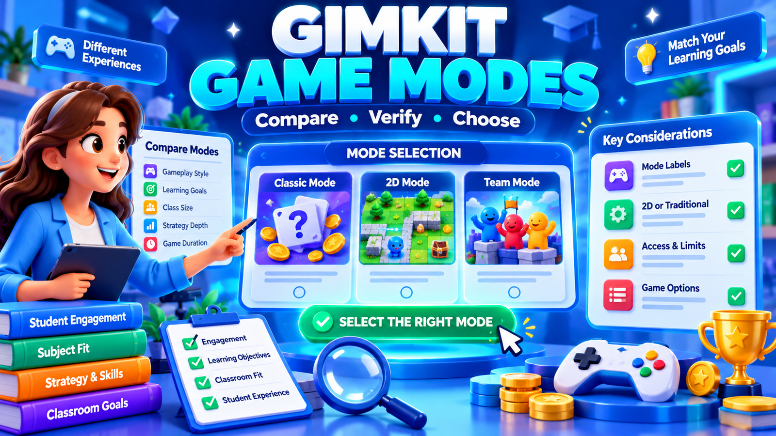 Gimkit Game Modes illustration showing a mode selection comparison with Classic, 2D and team gameplay formats, learning goals, mode labels and access considerations.