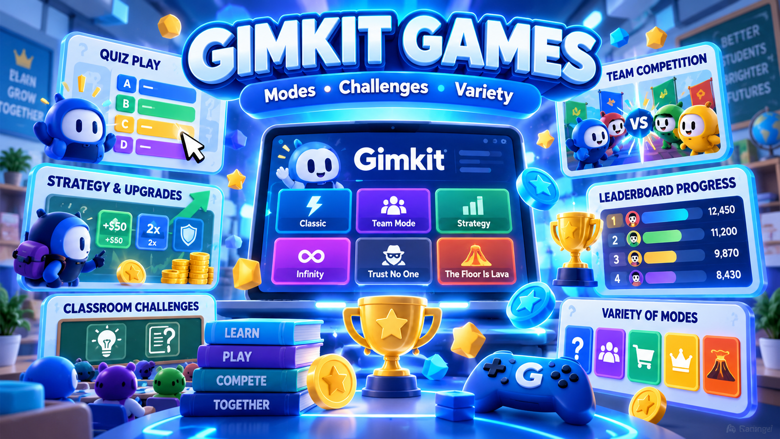 Gimkit Games educational illustration featuring different game modes, classroom challenges, team competitions, strategy upgrades and leaderboard progress.