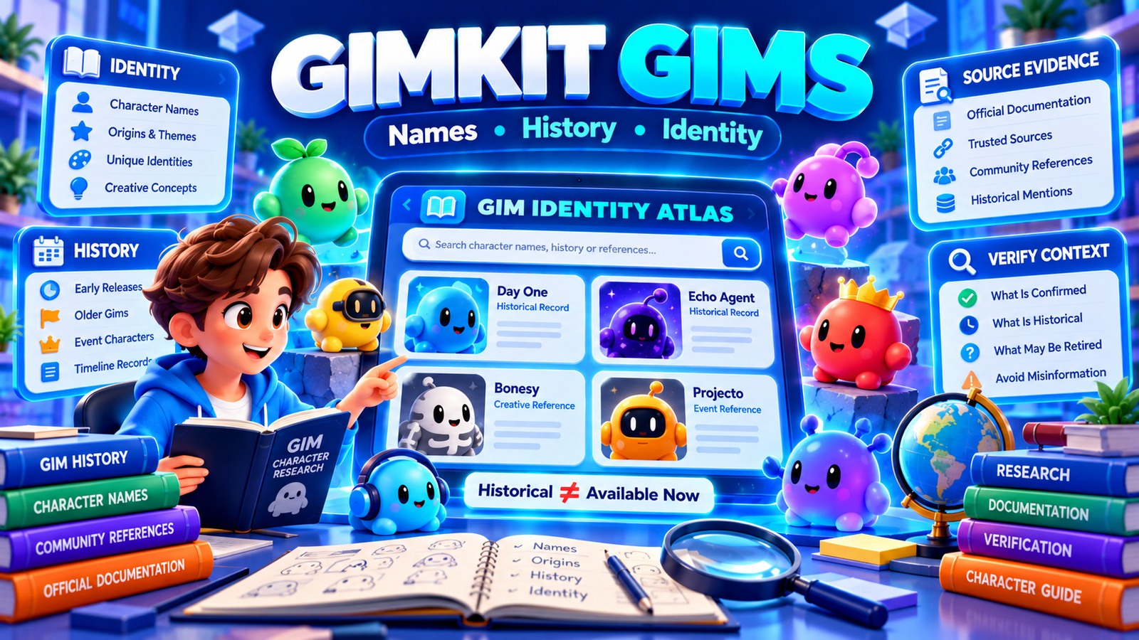 Gimkit Gims educational illustration featuring a character identity atlas, historical Gim names, Creative references and source verification.