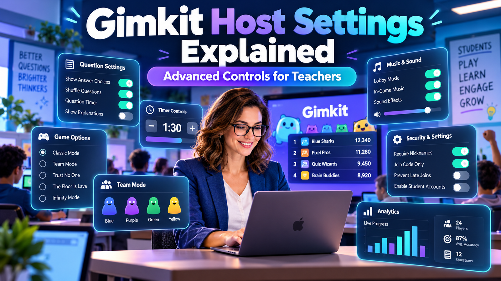 Gimkit host settings guide showing game options, Classes, nickname controls, 2D spectator tools, Quick Actions and teacher host controls.Gimkit Host Settings – Advanced Teacher Controls