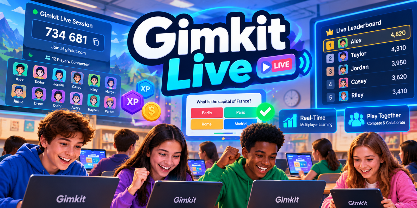 Gimkit Live multiplayer learning illustration showing students participating in real-time quiz games, interactive challenges, and classroom activities.Gimkit Live Multiplayer Classroom Challenge