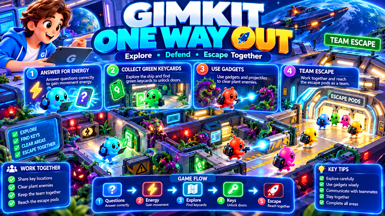 Gimkit One Way Out illustration showing a team escaping an alien-infested spaceship, collecting green keycards, using gadgets and reaching escape pods.