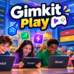 Gimkit Play – Interactive Gameplay Guide.Gimkit Play illustrated guide showing students enjoying interactive quiz gameplay, questions, scores and learning activities.