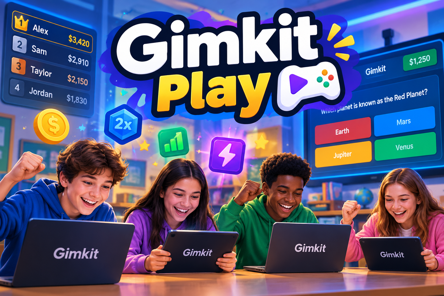 Gimkit Play – Interactive Gameplay Guide.Gimkit Play illustrated guide showing students enjoying interactive quiz gameplay, questions, scores and learning activities.