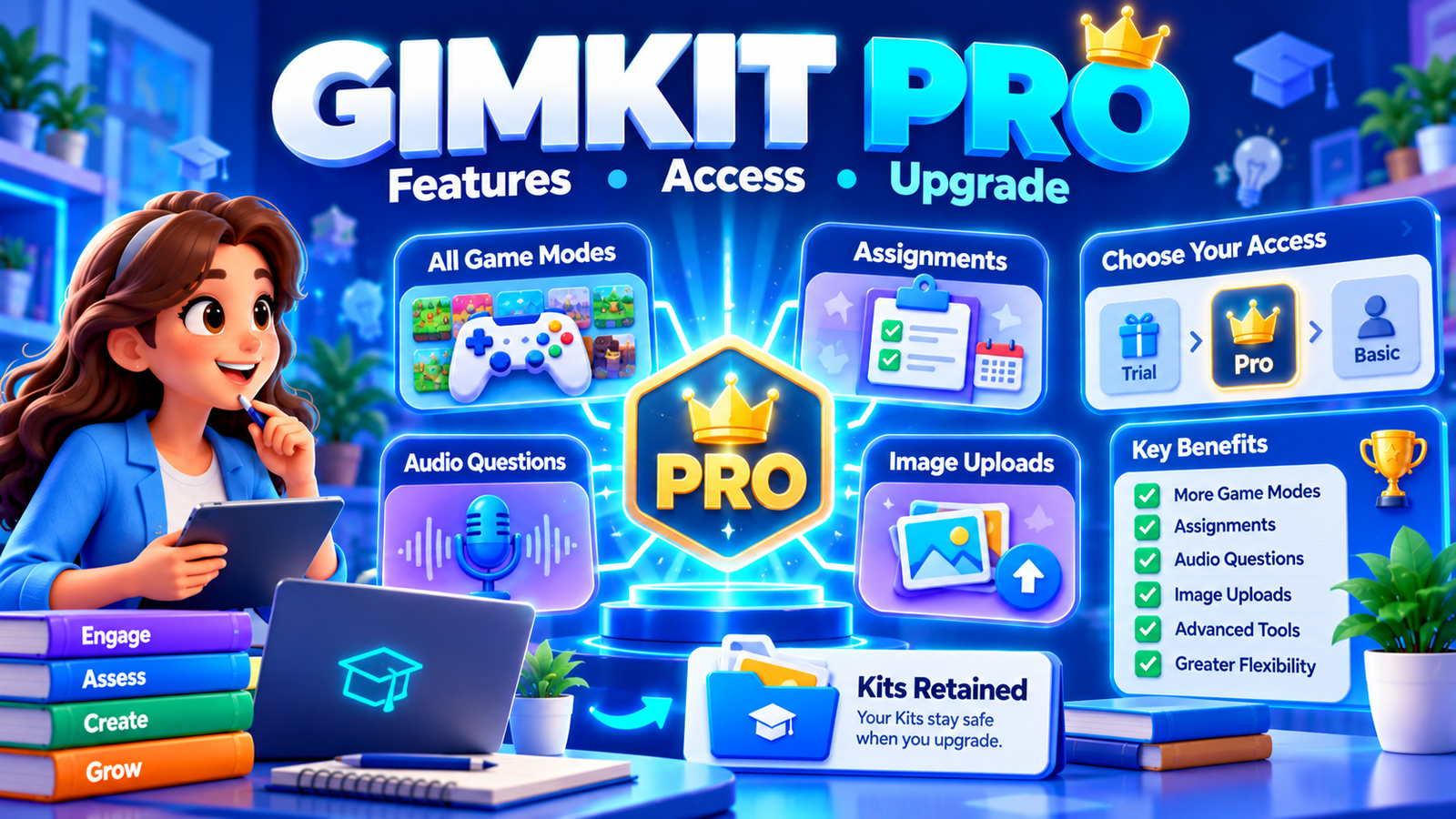 Gimkit Pro educational illustration showing exclusive game modes, Assignments, audio questions, image uploads and educator subscription access.