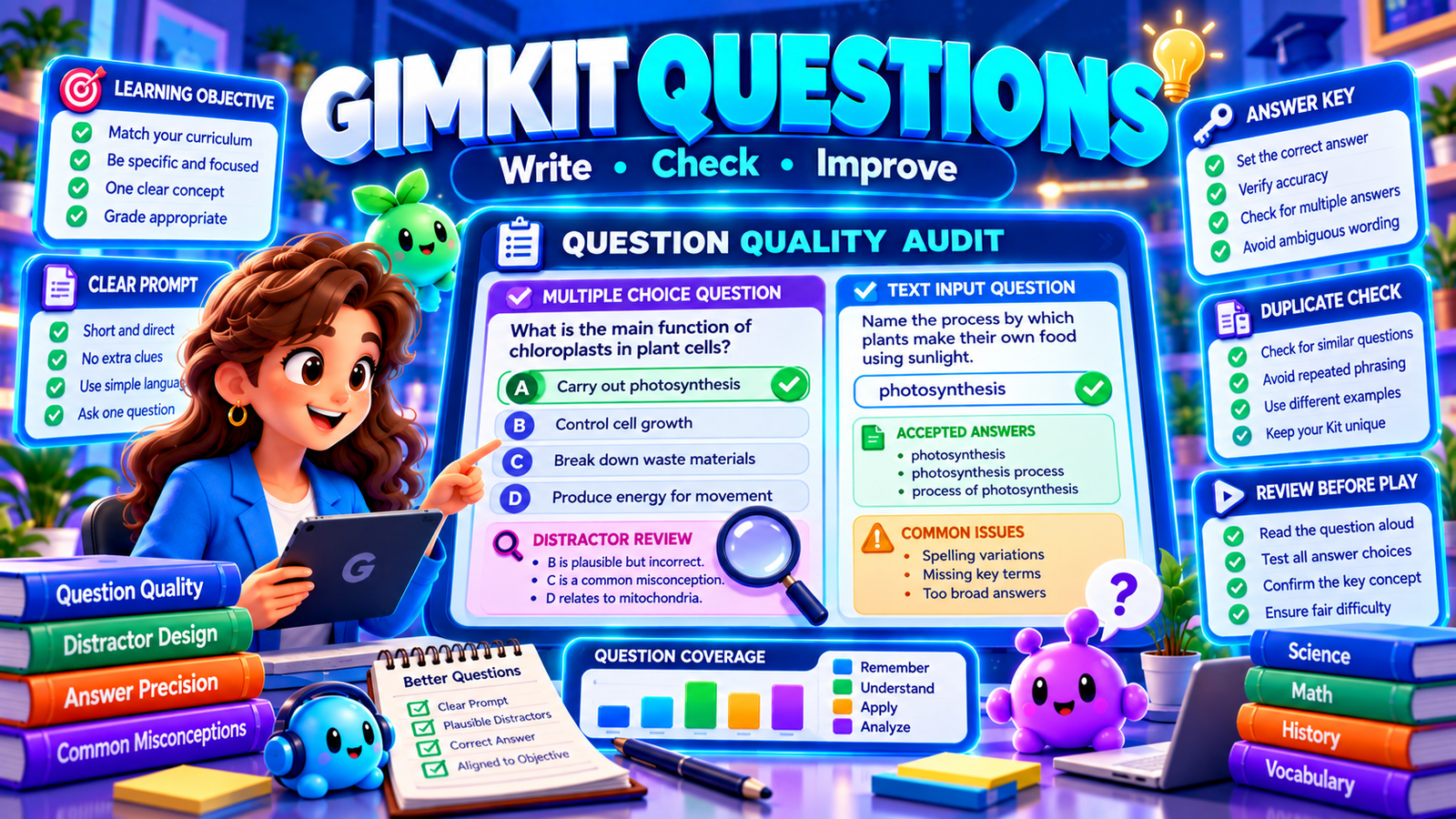 Gimkit Questions educational illustration showing multiple-choice and Text Input questions, correct answer verification, distractor analysis, duplicate checks and question quality review.