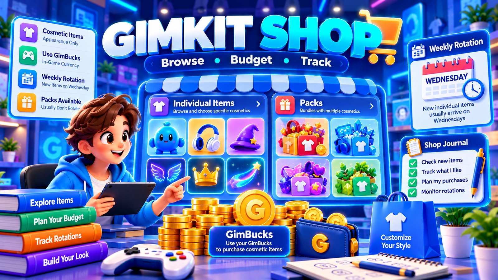 Gimkit Shop illustration showing cosmetic items, item packs, GimBucks currency, weekly Shop rotation and purchase planning.