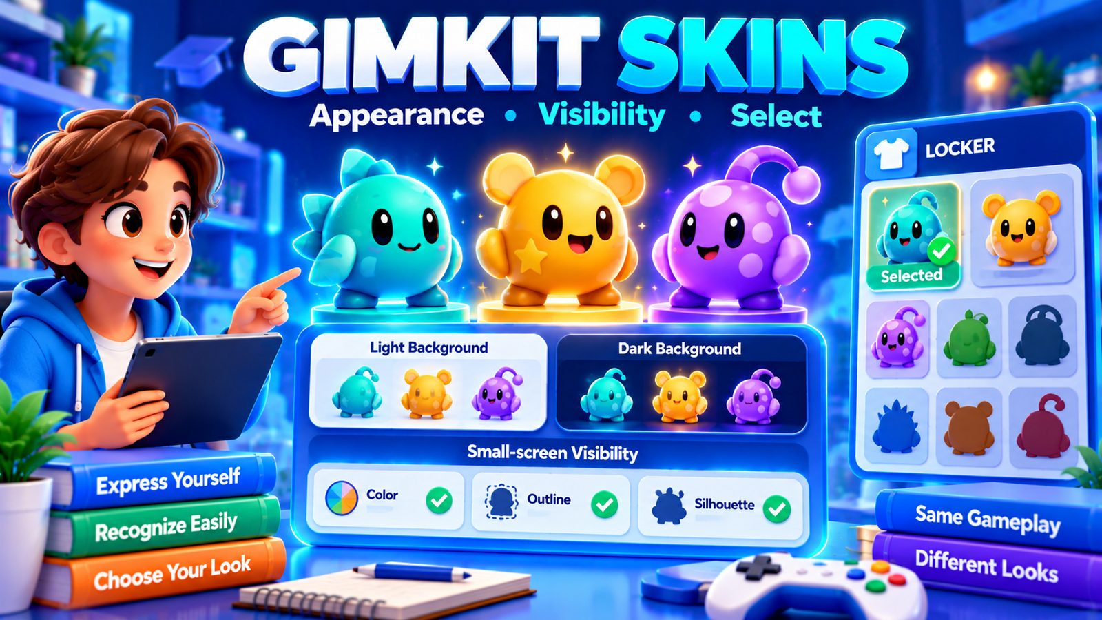 Gimkit Skins illustration showing three colorful character appearance concepts, skin selection, Locker previews and visibility comparisons on light and dark backgrounds.