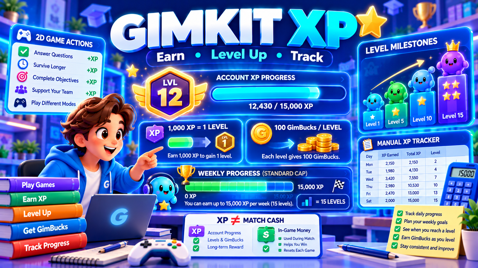 Gimkit XP educational illustration showing level progression, XP milestones, weekly limits, GimBucks rewards and a manual XP tracking dashboard.