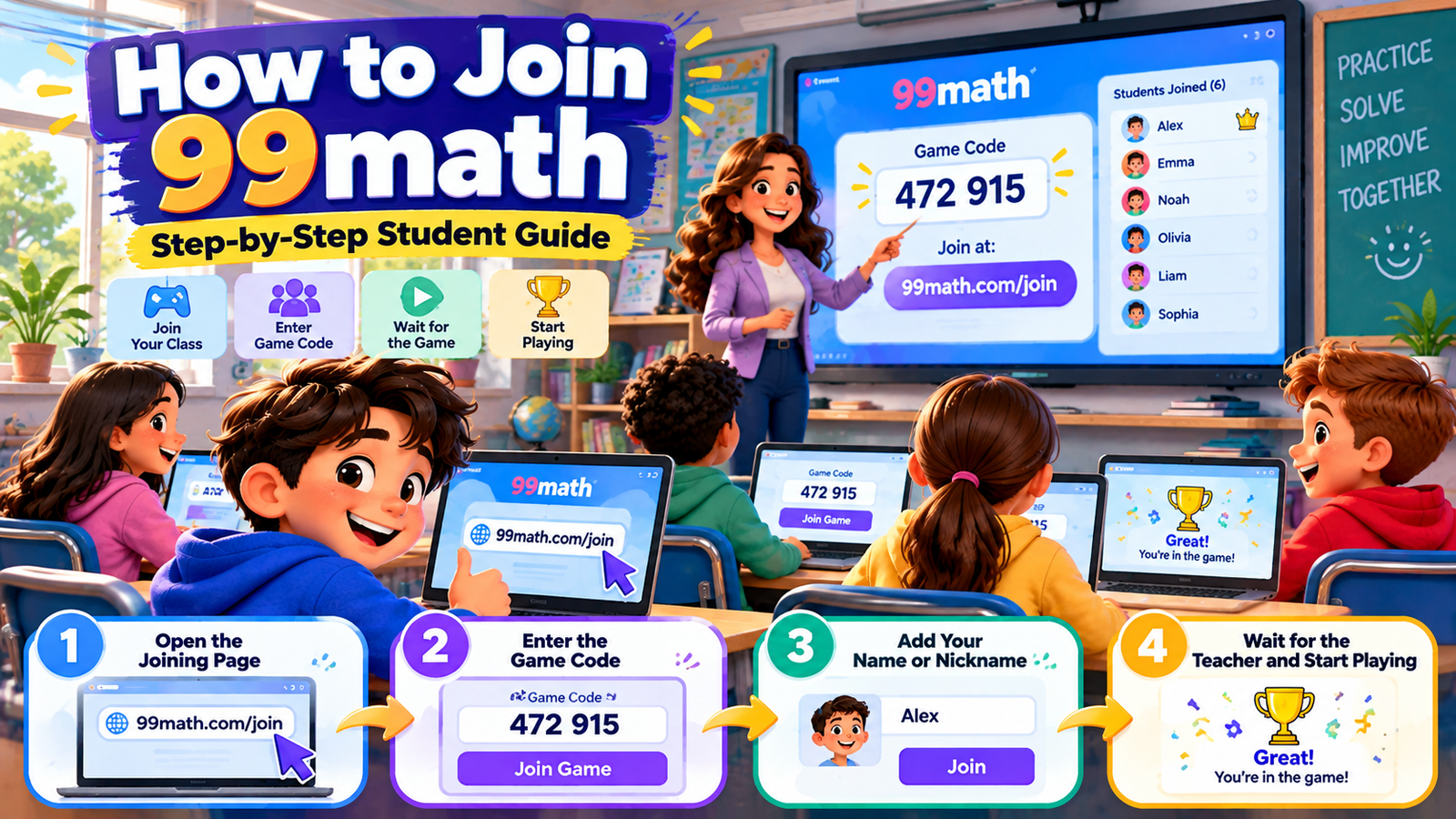 .Step-by-step illustration showing students joining a 99math classroom game using a teacher-provided code,How to Join 99math – Complete Student Guide